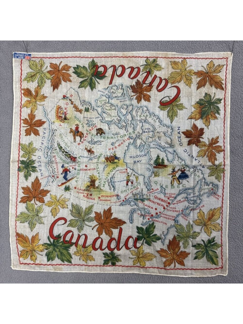 Vtg Canada Maple Leaves Souvenir Cotton Handkerchief 1950s made in England